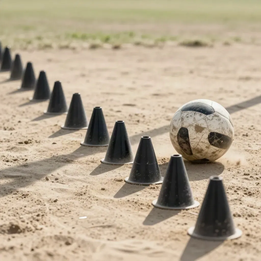 Fila di cinesini neri e pallone vissuto su sabbia compatta, con ombra lunga in campo d'allenamento.