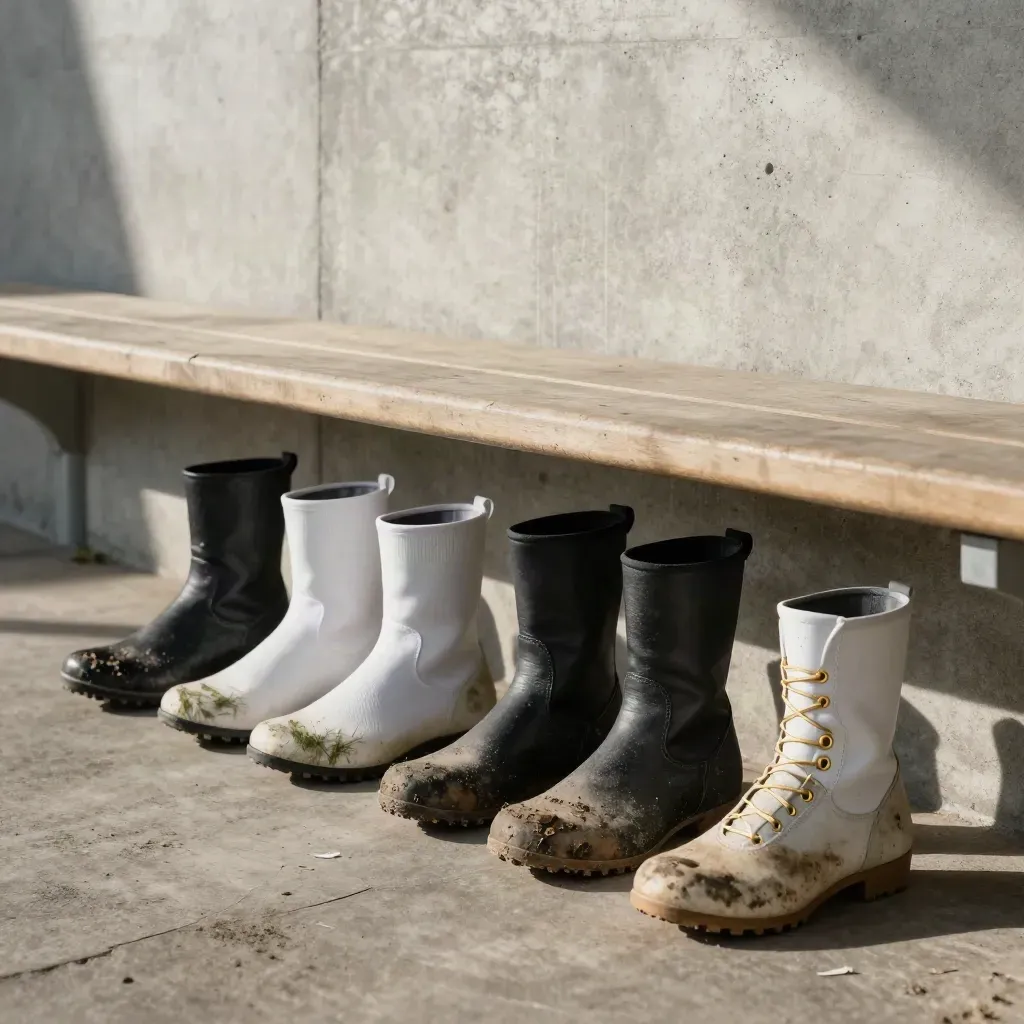 Quattro paia di scarpe da calcio sotto una panca, in tunnel di cemento con luce radente.