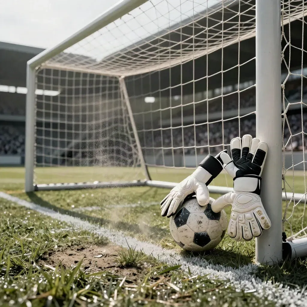 Guanti da portiere sulla rete e pallone fermo a un soffio dalla linea di porta.