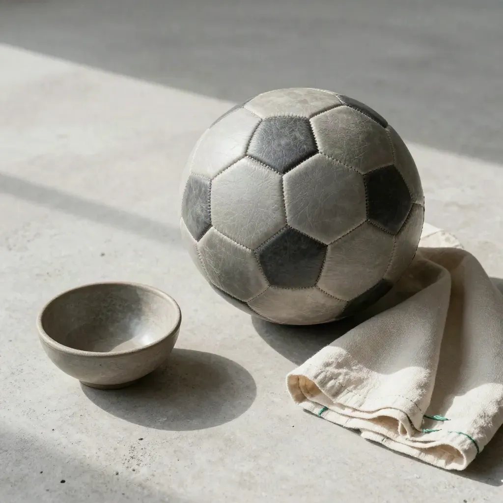 Pallone opaco, ciotola grezza e stoffa piegata su cemento chiaro.